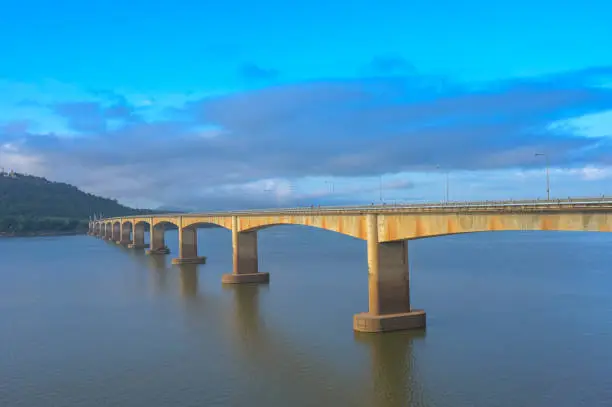 The Lao Nippon bridge over the mekong river in the southern laos in themorning.