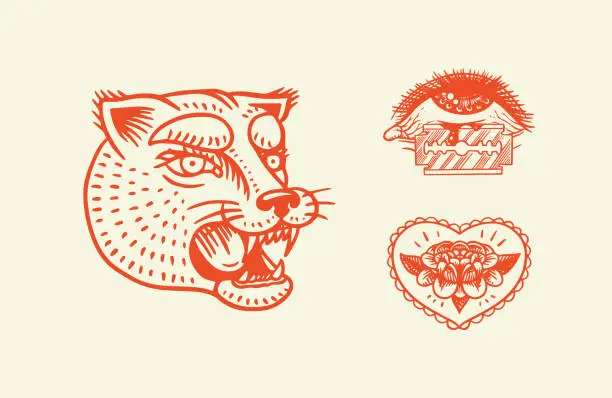 Vector illustration of Old school Tattoo stickers. Panther, heart and eye. Engraved hand drawn vintage retro sketch for notebook or logo
