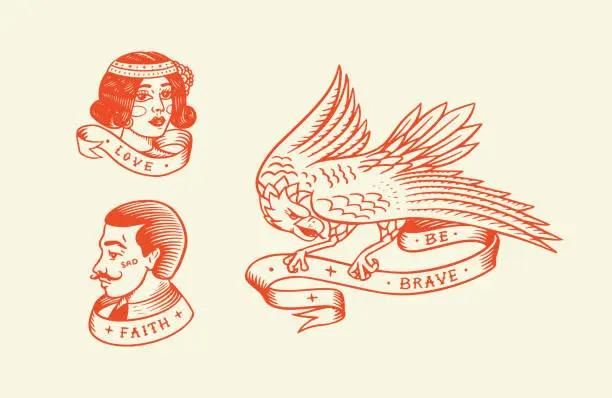 Vector illustration of Old school Tattoo. Hipster man and woman and eagle. Engraved hand drawn vintage retro sketch for badge or logo
