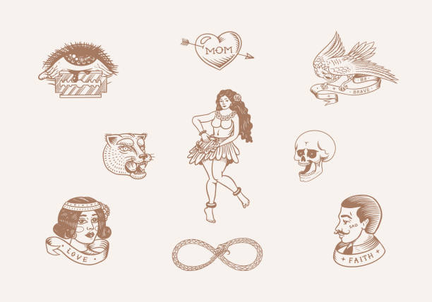 Old school Tattoo stickers set. Hawaiian hula dancer woman, hipster man, lighthouse, panther, skull and snake. Engraved hand drawn vintage retro sketch for notebook or logo Old school Tattoo stickers set. Hawaiian hula dancer woman, hipster man, lighthouse, panther, skull and snake. Engraved hand drawn vintage retro sketch for notebook or logo nautical tattoos stock illustrations