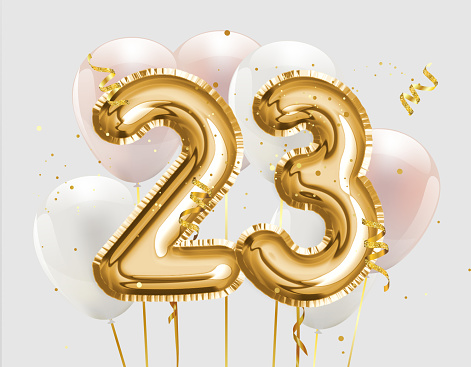Happy 23th birthday gold foil balloon greeting background. 23 years anniversary logo template- 23th celebrating with confetti.