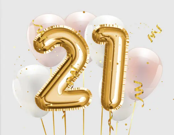 Happy 21th birthday gold foil balloon greeting background. 21 years anniversary logo template- 21th celebrating with confetti. Photo stock.