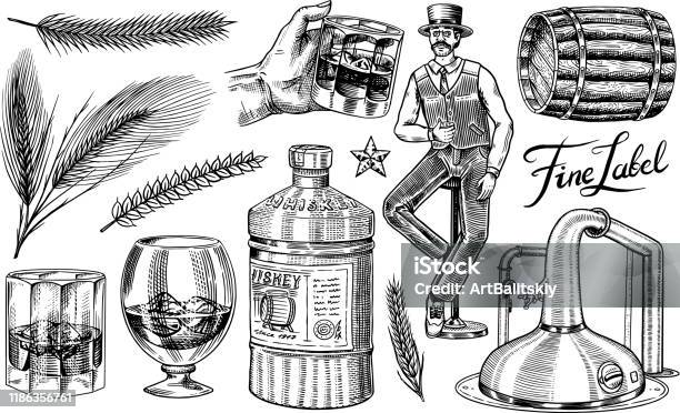 Whiskey Set Glass Bottle Wooden Barrel Scotch And Bourbon Wheat And Rye Victorian Man Cheers Toast Vintage American Symbols Strong Alcohol Drink Hand Drawn Engraved Sketch For Poster Badge Stock Illustration - Download Image Now