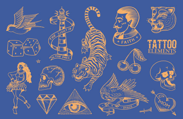 Old school Tattoo stickers set. Hawaiian hula dancer woman, hipster man, lighthouse, panther, skull and snake. Engraved hand drawn vintage retro neon sketch for notebook or logo Old school Tattoo stickers set. Hawaiian hula dancer woman, hipster man, lighthouse, panther, skull and snake. Engraved hand drawn vintage retro sketch for notebook or logo tattoo stock illustrations