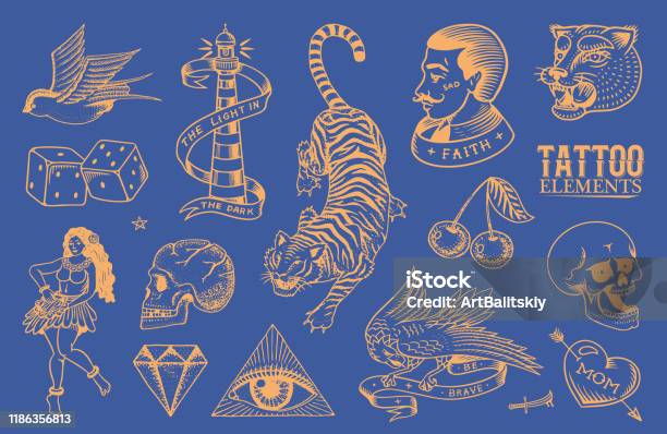 Old School Tattoo Stickers Set Hawaiian Hula Dancer Woman Hipster Man  Lighthouse Panther Skull And Snake Engraved Hand Drawn Vintage Retro Sketch  For Notebook Or Logo Stock Illustration - Download Image Now -