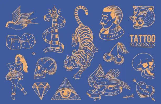 Vector illustration of Old school Tattoo stickers set. Hawaiian hula dancer woman, hipster man, lighthouse, panther, skull and snake. Engraved hand drawn vintage retro neon sketch for notebook or logo