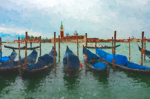 This is a wide angle image of the Gondola stations at San Marco Square in Venice, Italy. It has been heavily post processed to give a painterly effect.