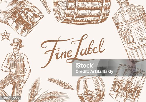 istock Vintage Whiskey banner. Strong Alcohol drink background. Glass bottle, wooden barrel, scotch and bourbon, wheat and rye, Victorian man, cheers toast. Retro poster. Hand drawn engraved sketch 1186357227