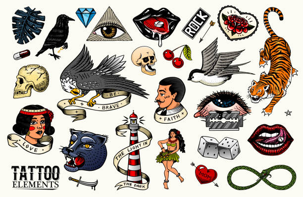 illustrations, cliparts, dessins animés et icônes de ensemble de tatouage de vieille école. tigre et les lèvres, aigle et hirondelle, crâne et oiseau dans le style rock. croquis rétro vintage dessiné à la main pour carnet ou logo ou t-shirts - tatouage