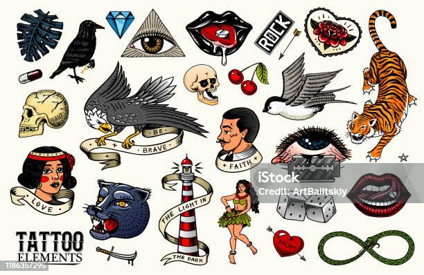Old School Tattoo Set Tiger And Lips Eagle And Swallow Skull And Bird In  Rock Style