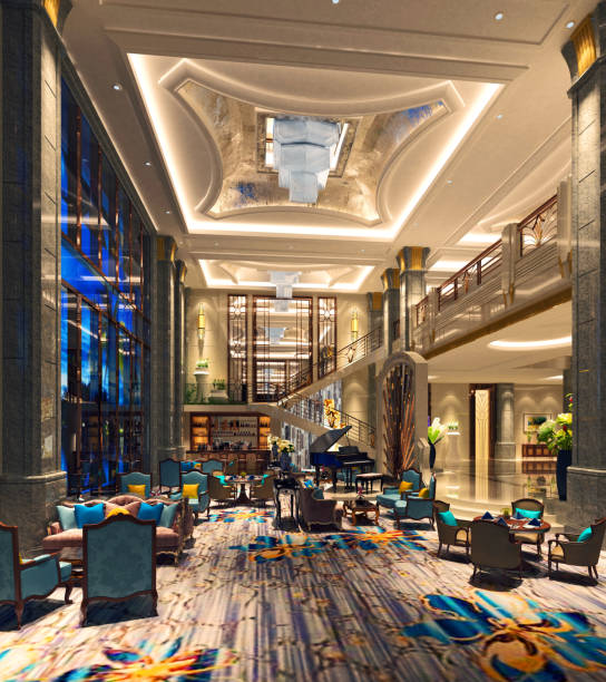 istock 3d render of luxury hotel lobby and reception 1186357321