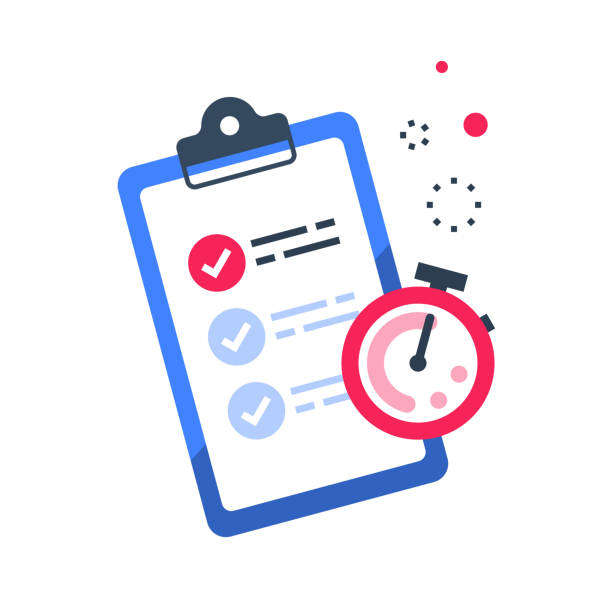 Fast services, check list and stopwatch, quick questionnaire, short survey Fast services, check list and stopwatch, to do plan, procrastination and efficiency, project management, quick questionnaire, short survey, vector flat illustration short length stock illustrations