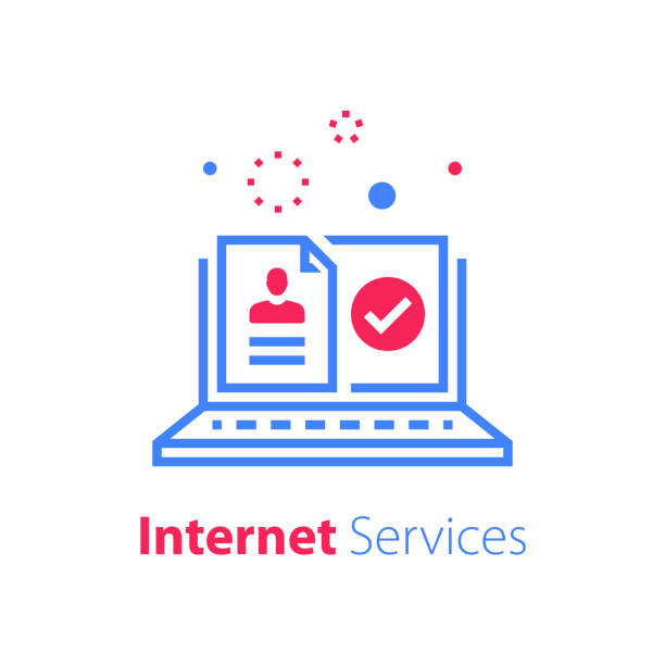 Online document, submit file, upload application form, enroll on course, web registration, complete test, exam results Online document, submit file, upload application form, enroll on course, web site registration, internet resource access, complete test, exam results and admission, notebook monitor, vector line icon voter registration stock illustrations