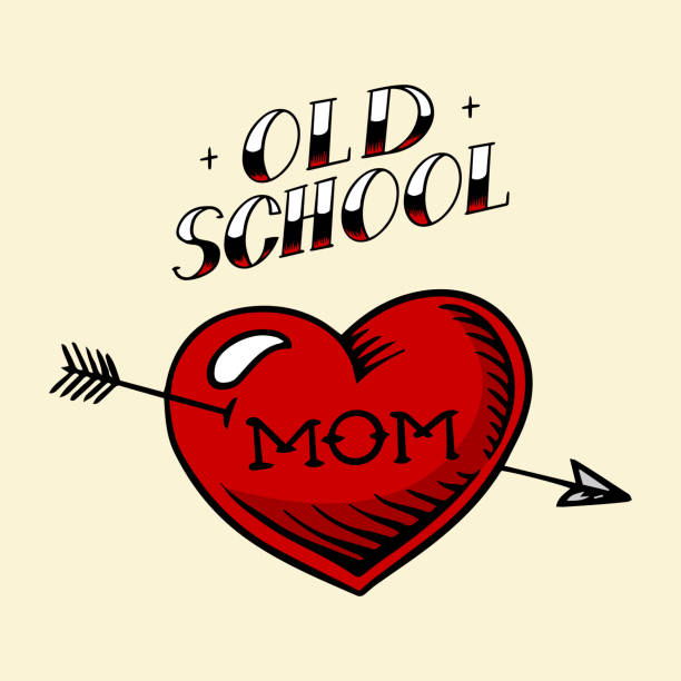 빈티지 스타일에 심장 문신 엄마입니다. 복고풍 미국의 오래된 학교 스케치입니다. 티셔츠와 로고 또는 배지를 위한 손으로 그린 복고풍 일러스트레이션 - tattoo stock illustrations
