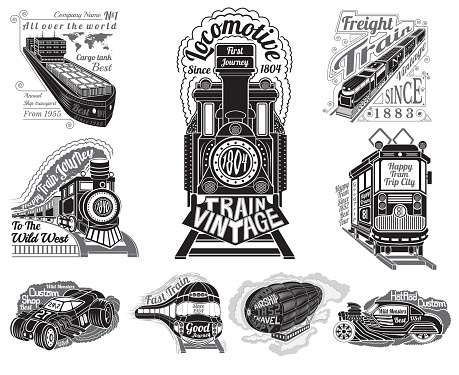 Big set silhouettes of different transport train, ship, cargo tank, car, tram and balloon for design print print