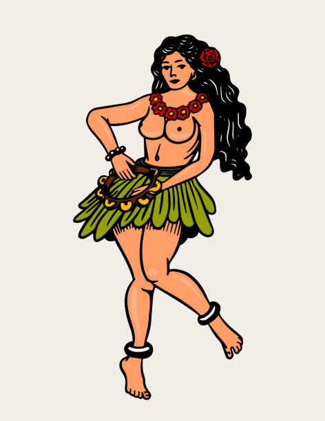 Hawaiian hula dancer woman in vintage style. South hot female. Retro old school sketch. Hand drawn engraved retro illustration for tattoo, t-shirt and logo or badge Hawaiian hula dancer woman in vintage style. South hot female. Retro sketch. Hand drawn engraved retro illustration for tattoo, t-shirt and logo or badge hula dancer stock illustrations