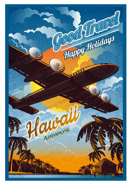 Vector illustration of Plane fly over the tropical island with palms and bungalow, in sunset, against the sun, view from the bottom. Vector vintage illustration Hawaii retro poster style