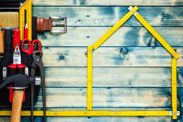 istock Carpenter's work tools on wooden background. Carpentry. 1186359850