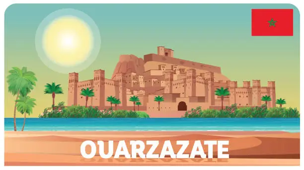 Vector illustration of Ouarzazate, Ait Benhaddou, Ancient city in Morocco