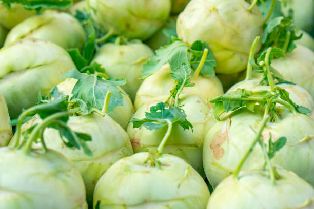 un mucchio di kohlrabi freschi su un mercato ortofrutticolo - kohlrabi turnip cultivated vegetable foto e immagini stock