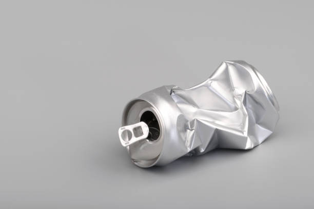 Crumpled empty blank soda or beer can garbage. Crushed junk can recycle