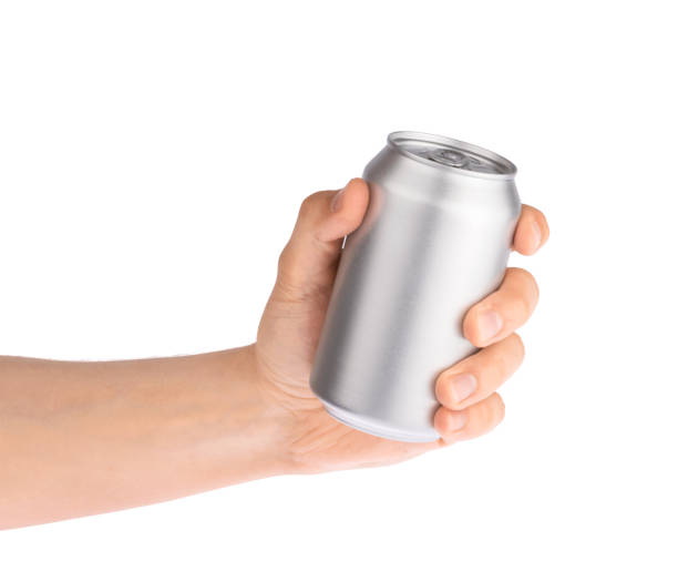 hand holds metal beverage drink can isolated on white - beer cans imagens e fotografias de stock