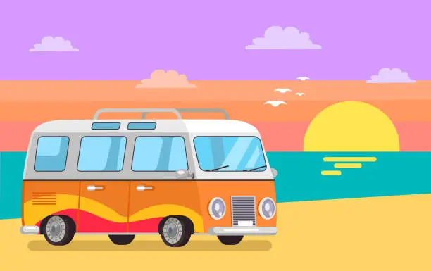 Vector illustration of Travelling Trailer Van at Coastline on Background