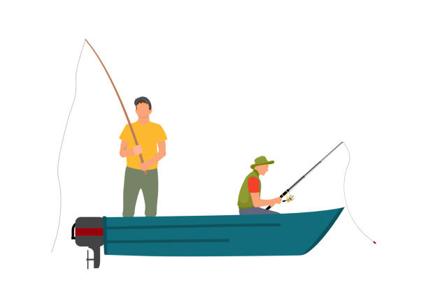Two Fishermen with Fishing Rods on Motor Boat Two fishermen with fishing rods on blue motor boat cartoon vector illustration. Bright clothed standing and sitting men color model fishery poster. fisher role illustrations stock illustrations