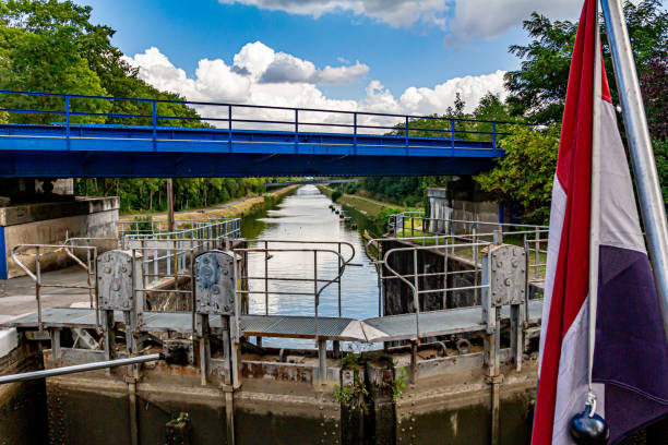istock Lanaken sluice with its gateway lock gate on the Albert canal with a blue bridge in the background 1186363796