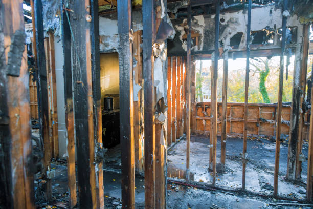 istock Burned house interior after fire burnt black timber roof structure building room inside 1186364110