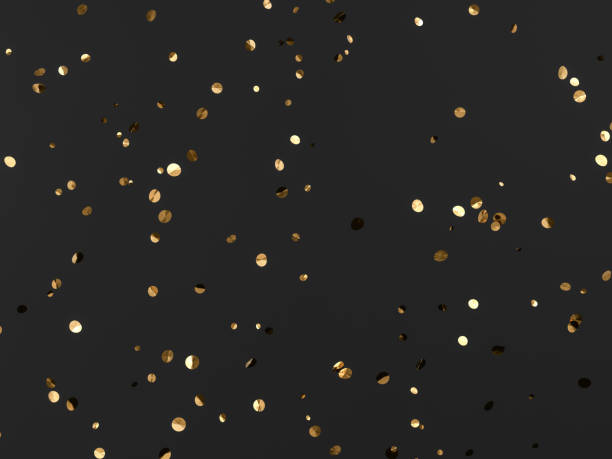 feestelijke vallende gouden confetti geïsoleerd op zwarte achtergrond, gouden glitter vakantie achtergrond, nieuwjaar christmas party achtergrond. 3d-rendering - gold confetti stockfoto's en -beelden