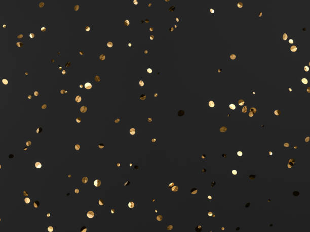 Festive falling Gold confetti isolated on black background, golden glitter holiday backdrop, New Year Christmas party background. 3d rendering