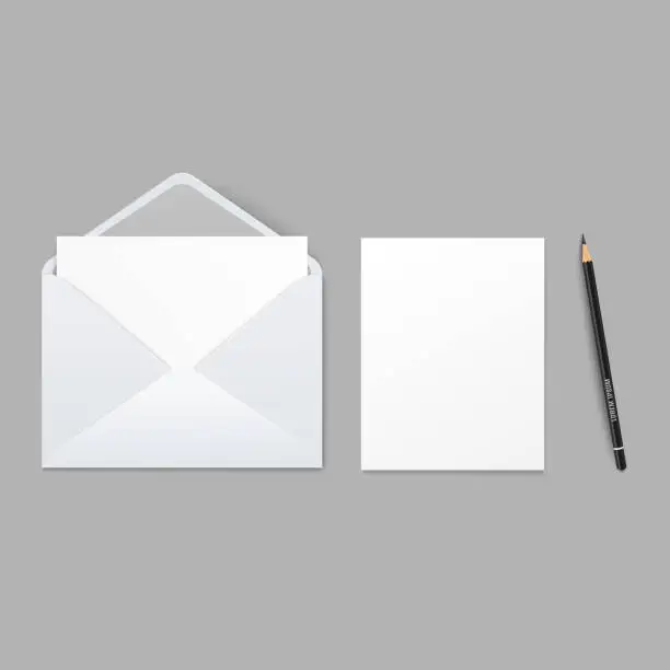 Vector illustration of Mockup of white envelope and blank sheet of paper and pencil realistic style