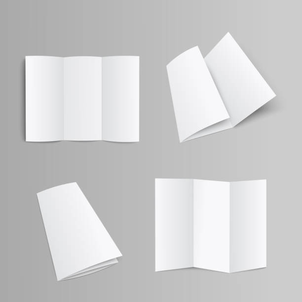 Blank trifold pages brochure, booklet or leaflet folded and unfolded front and opposite side 3D realistic mockup vector illustration on grey background with clipping pass.