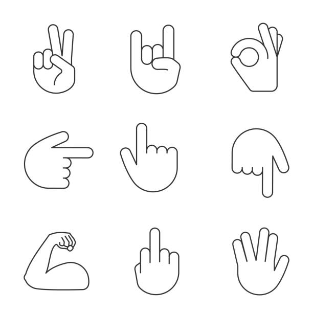 Hand gesture emojis linear icons set Hand gesture emojis linear icons set. Thin line contour symbols. Victory, peace, rock, OK, middle finger, vulcan salute gesturing, flexed bicep. Isolated vector outline illustrations. Editable stroke hand ok sign stock illustrations