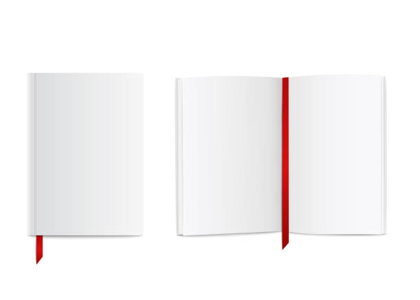 Blank realistic book mockup with red ribbon bookmark, open and closed white diary or notebook design with empty pages and cover Blank realistic book mockup with red ribbon bookmark, open and closed white diary or notebook design with empty pages and cover, isolated paper object vector illustration on white background handbook book hardcover book red stock illustrations