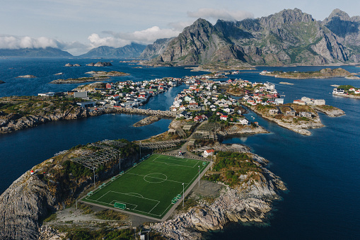 Scenic aerial view of football field on Lofoten Islands, Norway in summer