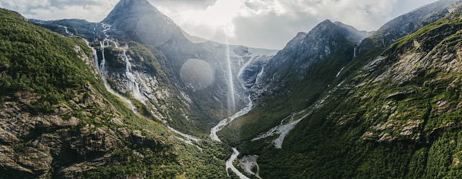 Scenic aerial view of Latefossen  waterfall near the road in Norway