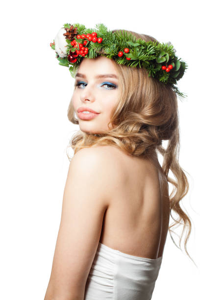 istock Elegant woman Christmas model isolated on white 1186369099