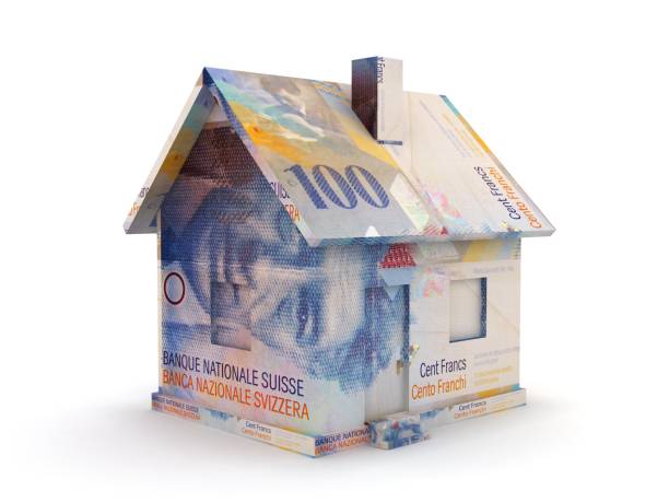 franco svizzero denaro ipoteca sul prezzo della casa immobiliare - banconota del franco svizzero foto e immagini stock