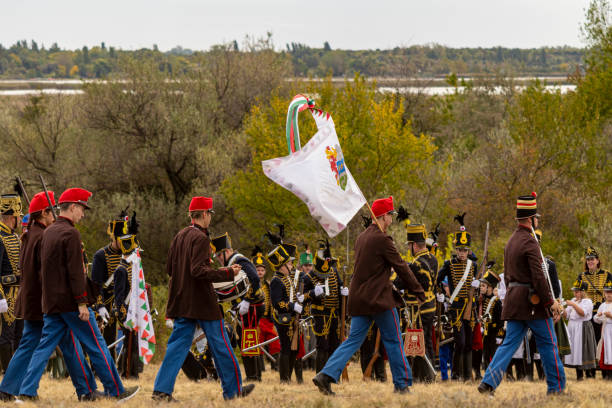 Pákozd Hungary Sept 29, 2019: Unidentified reenactors fighting the historic war of Independence of 1848 in Hungary. That battle was won -however, the freedom was short-lived.