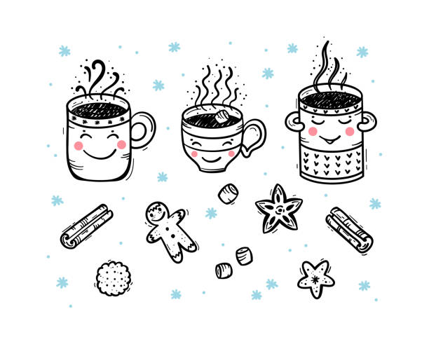 Vector Set of Winter Hot Drinks and Sweets. Cozy Cute Mugs with Beverages Mulled Wine, Coffee or Tea, Cocoa and Gingerbread Cookies, Marshmallow. Winter Holidays, Christmas and New Year Design Vector Set of Winter Hot Drinks and Sweets. Cozy Cute Mugs with Beverages Mulled Wine, Coffee or Tea, Cocoa and Gingerbread Cookies, Marshmallow. Winter Holidays, Christmas and New Year Design christmas eggnog stock illustrations