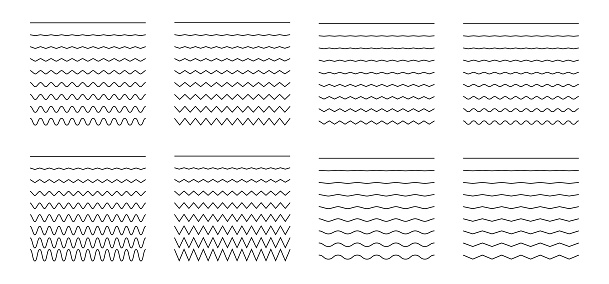 Vector collection of different thin line wave isolated on white background. Big set of wavy - curvy and zigzag - criss cross horizontal lines. Graphic design elements variation solid line