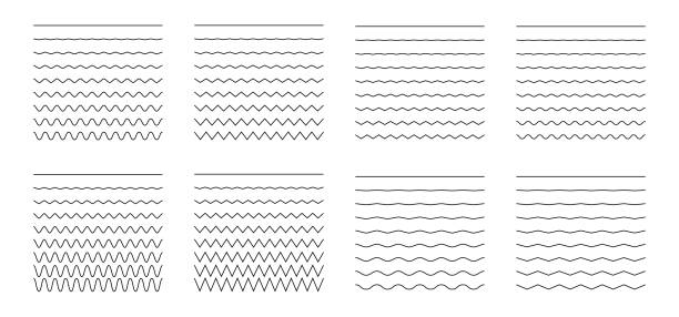 Set of wavy - curvy and zigzag - criss cross horizontal lines Vector collection of different thin line wave isolated on white background. Big set of wavy - curvy and zigzag - criss cross horizontal lines. Graphic design elements variation solid line in a row stock illustrations