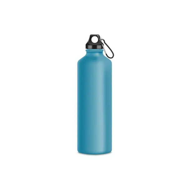 Vector illustration of Blue metal water bottle for sport drink, blank aluminium thermo container for branding or advertising