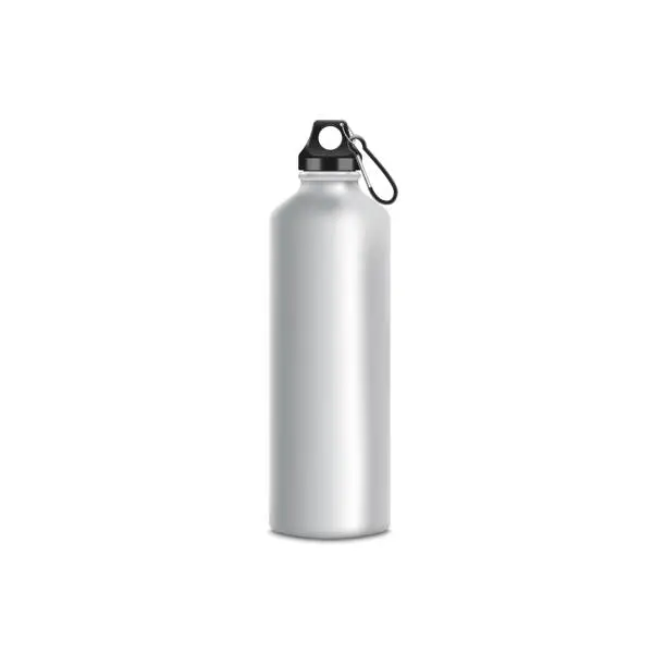 Vector illustration of Grey sport bottle mockup, realistic metal water container with stainless steel texture and black lid and climbing clip