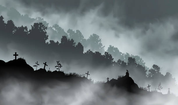 ilustrações, clipart, desenhos animados e ícones de o cemitério abandonado velho no monte na frente das montanhas cobertas com a floresta. - cemetery halloween moon spooky