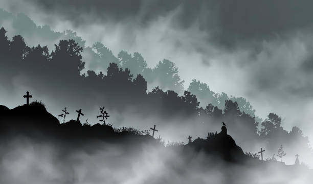 старое заброшенное кладбище на холме перед горами, покрытыми лесом. - fog landscape backgrounds cloud stock illustrations