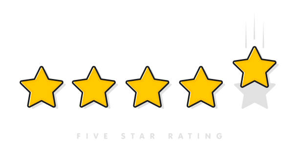 白い背景に 5 つの黄色の評価星ベクトルのイラスト。5星評価顧客製品は、アプリやウェブサイトのフラットアイコンをレビューします。 - first class star shape rank gold点のイラスト素材／クリップアート素材／マンガ素材／アイコン素材