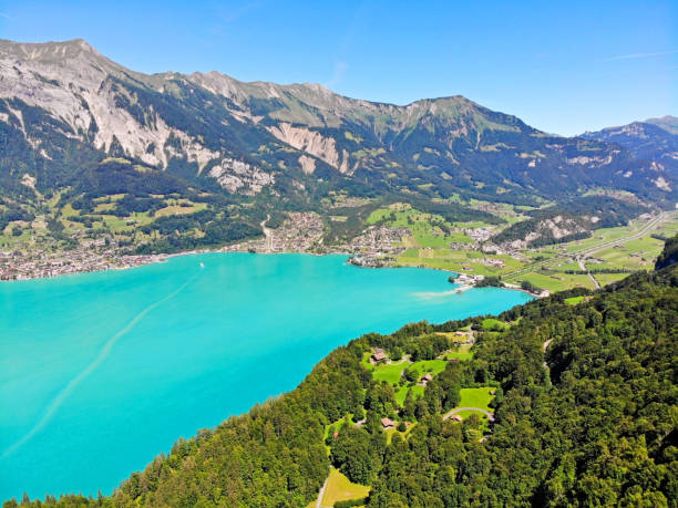 veduta aerea del lago di brienz, della città di brienz e delle alpi svizzere - brienz mountain landscape lake foto e immagini stock